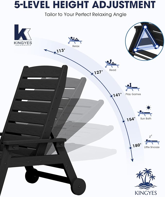 KINGYES HDPE Lounge Chair Outdoor Set of 4, Patio Chaise Lounge Recliner