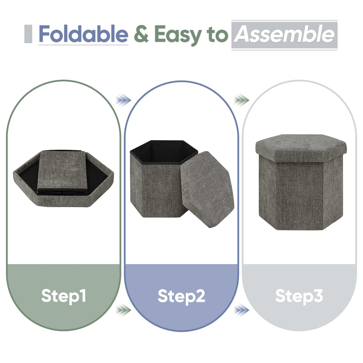 ZOLANOful Hexagon Storage Ottoman, Foldable Chenille FootRest with Hidden Storage, Small Ottoman Footstool for Living Room, Bedroom, Dorm, Entryway, 15 x 16.9 x 15 Inches, Grey