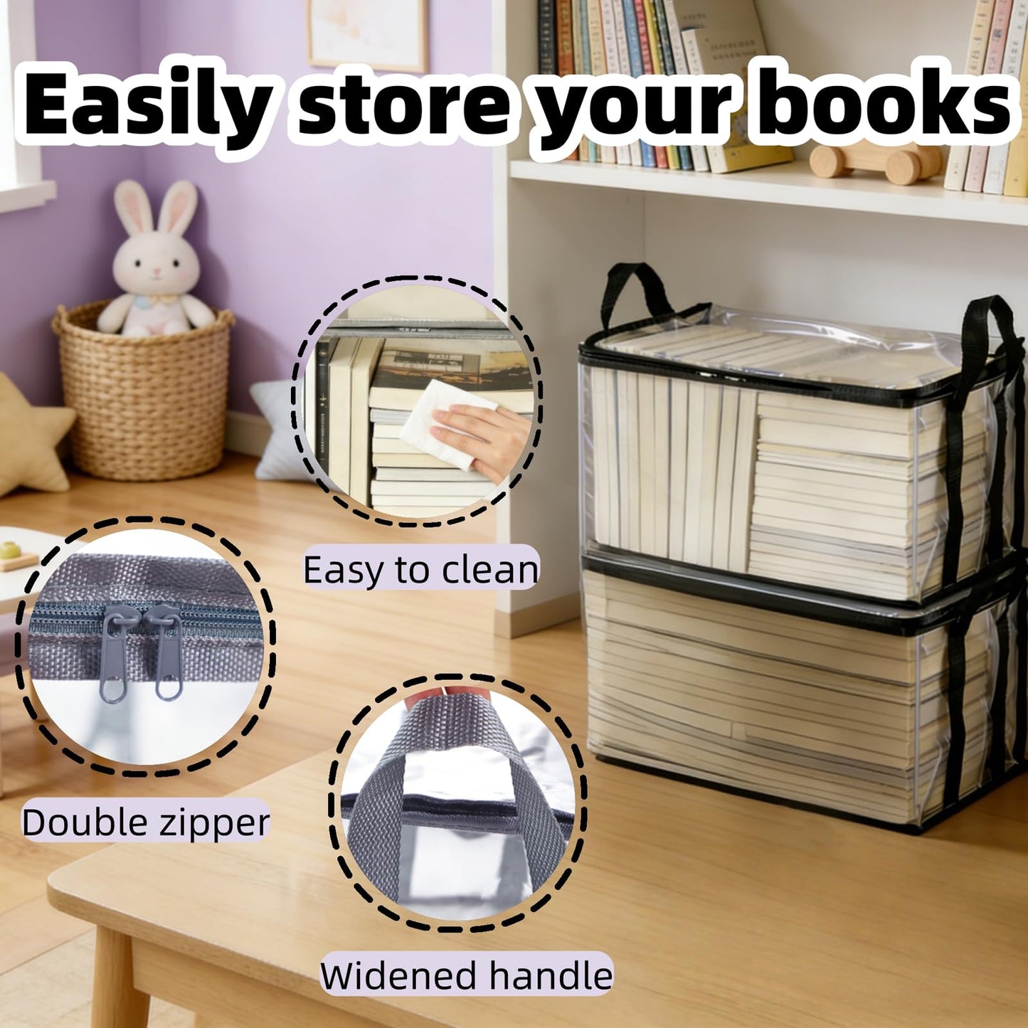 2-Pack Large Clear Book Storage Bags - Waterproof Plastic Comic Book Bin with Carrying Handles - Portable Book Display Case & Closet Organizer for Used Books, DVDs and Magazines - 15" x 9.5" x 12.5"