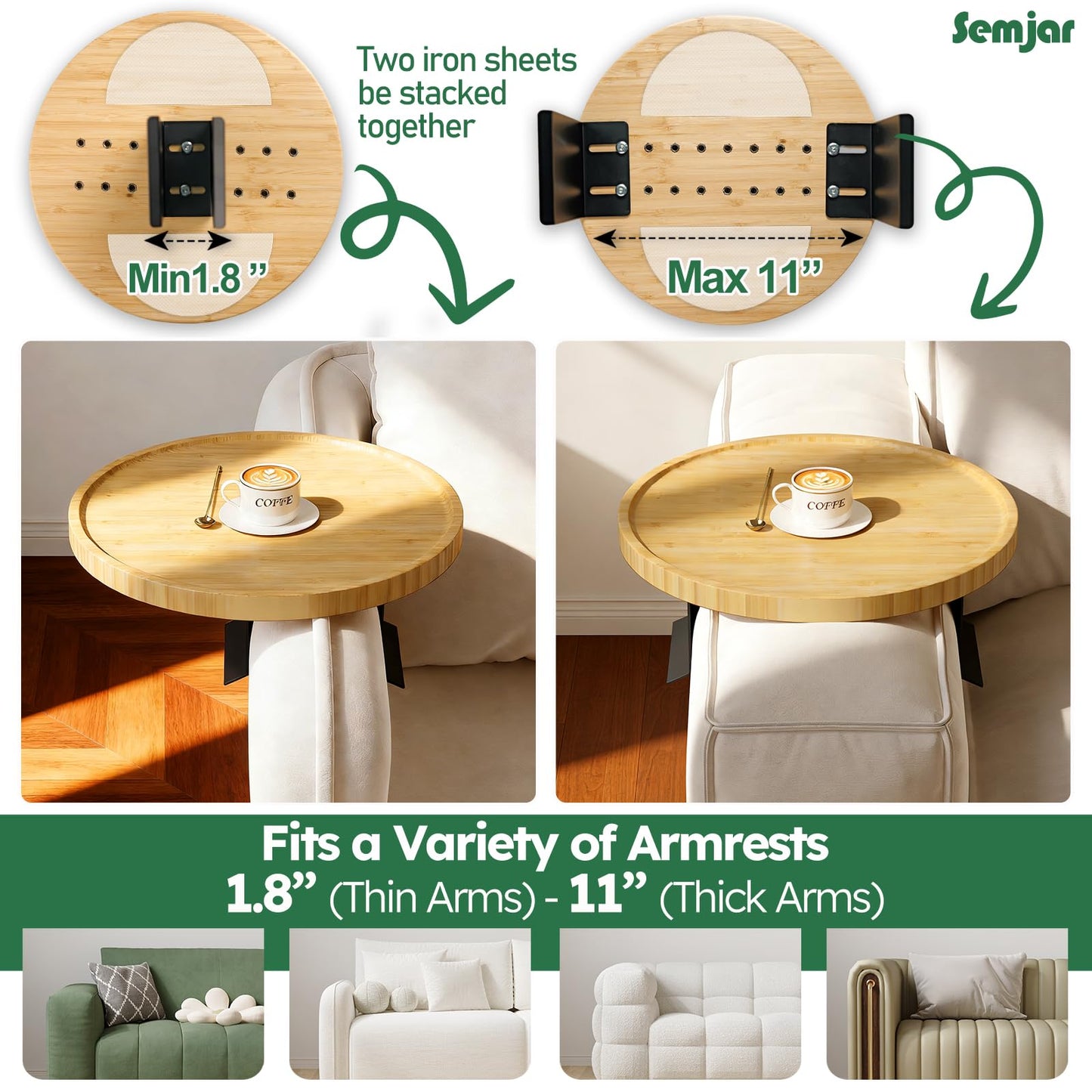 Semjar Bamboo Couch Arm Tray,12'' Space Adjustable Sofa Arm Table,Round Chair Arm Table Sofa Armrest Tray for Thin & Wide Couches Arm,Snack Armchair Couch Caddy