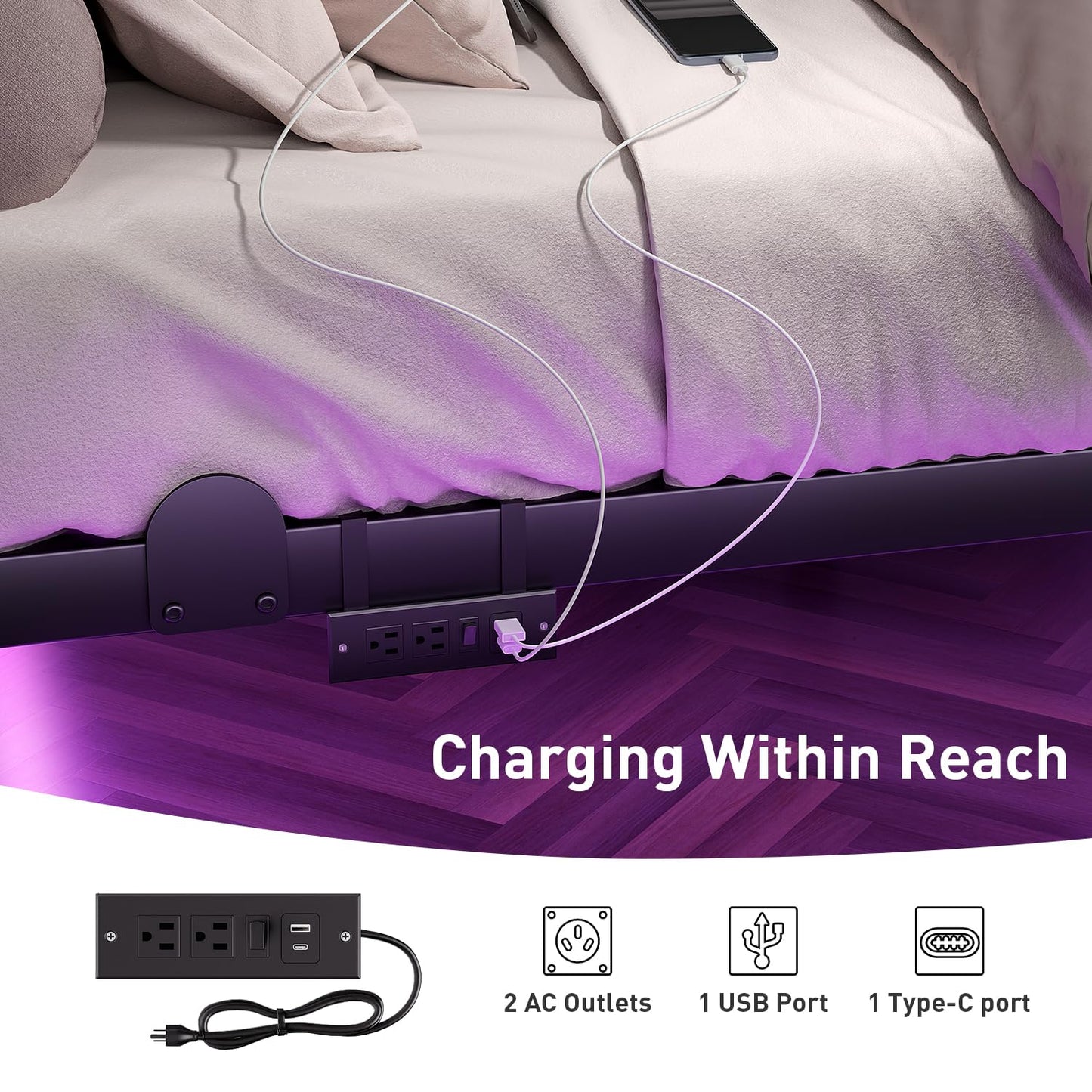 AGXI Floating Bed Frame with LED Lights and Charging Station, 10 Inch Floating Bed Frame Full, Metal Platform Full Bed, No Box Spring Needed, Easy to Assemble