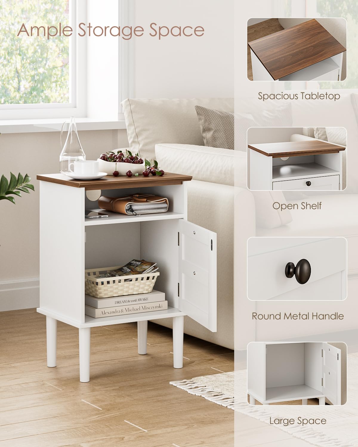 Apetaccat Nightstand, Boho Night Stand with 1 Drawer, Modern Side Accent Table with Open Shelf, Wooden Top Bedside End Table for Bedroom, Living Room, White