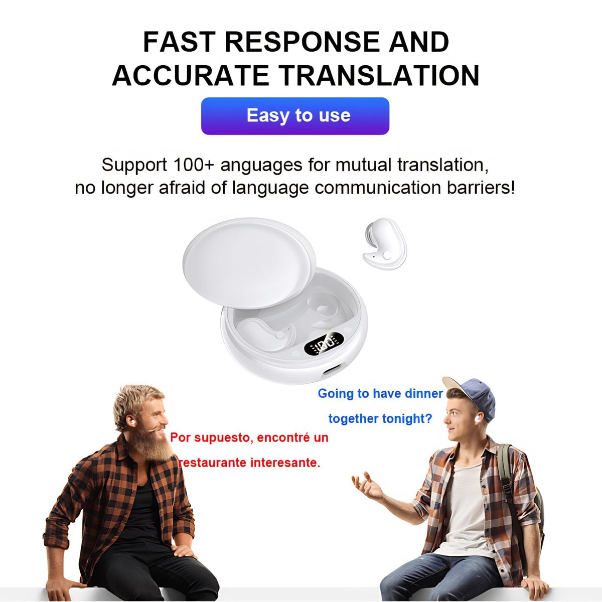 Language Translator Earbuds Two Way Translation, Real Time Translator Headset with 144 Languages, Bluetooth Online Translator Earbuds for Travel Business Learning, Touch