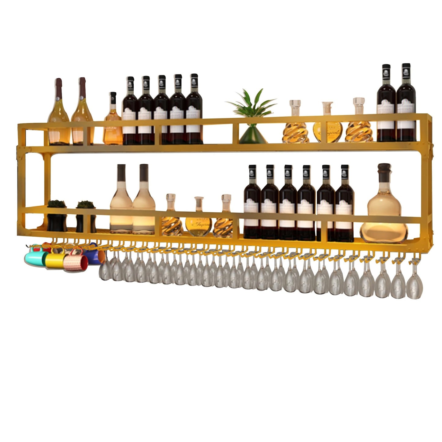 GYRHNNP Gold Wall Wine Rack with LED Light - Floating Bar Shelf for Liquor Bottles & Hanging Wine Glasses - Wall Mounted Kitchen Storage - Perfect for Home Bar, Cafe, Restaurant