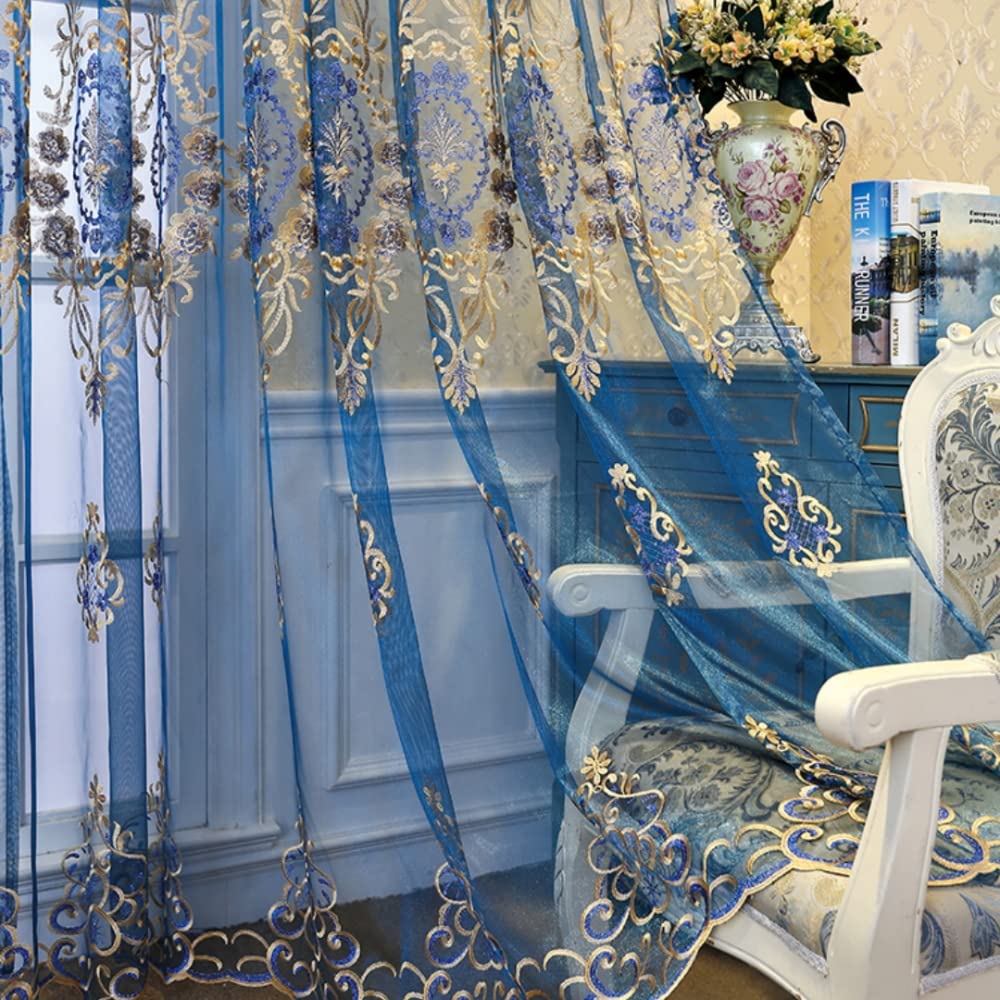 Amidoudou 1 Pair European Jacquard Sheer Curtains for Living Room Bedroom Luxury Embroidered Tulle Curtains (Blue,52x90 Inch)