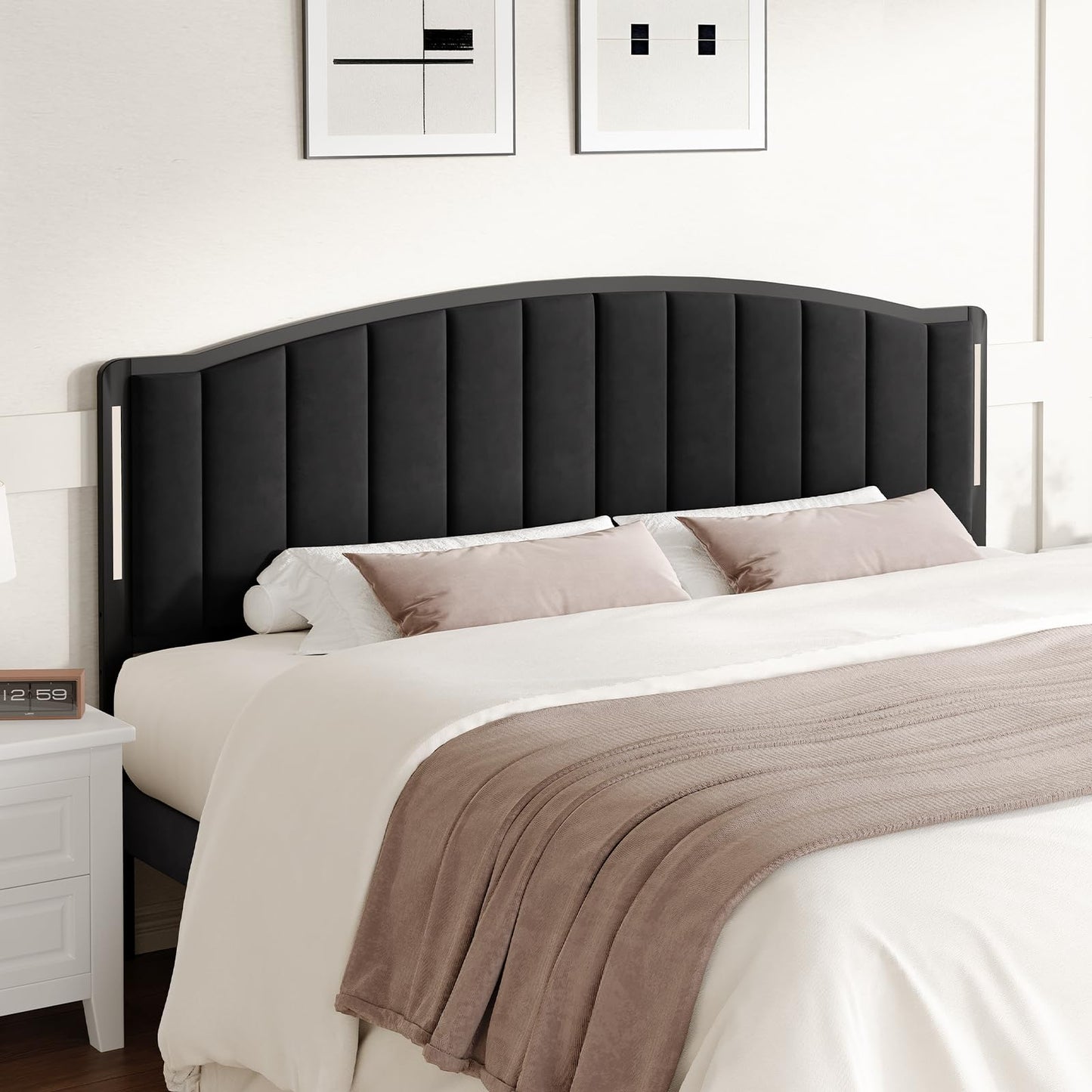 Salamir Headboard for Queen Size Bed with LED Lights, Upholstered Vertical Channel Tufting Head Boards, Velvet Headboard Only, Attach Frame, Ideal for Bedroom, Dorm, Guest Room, Black