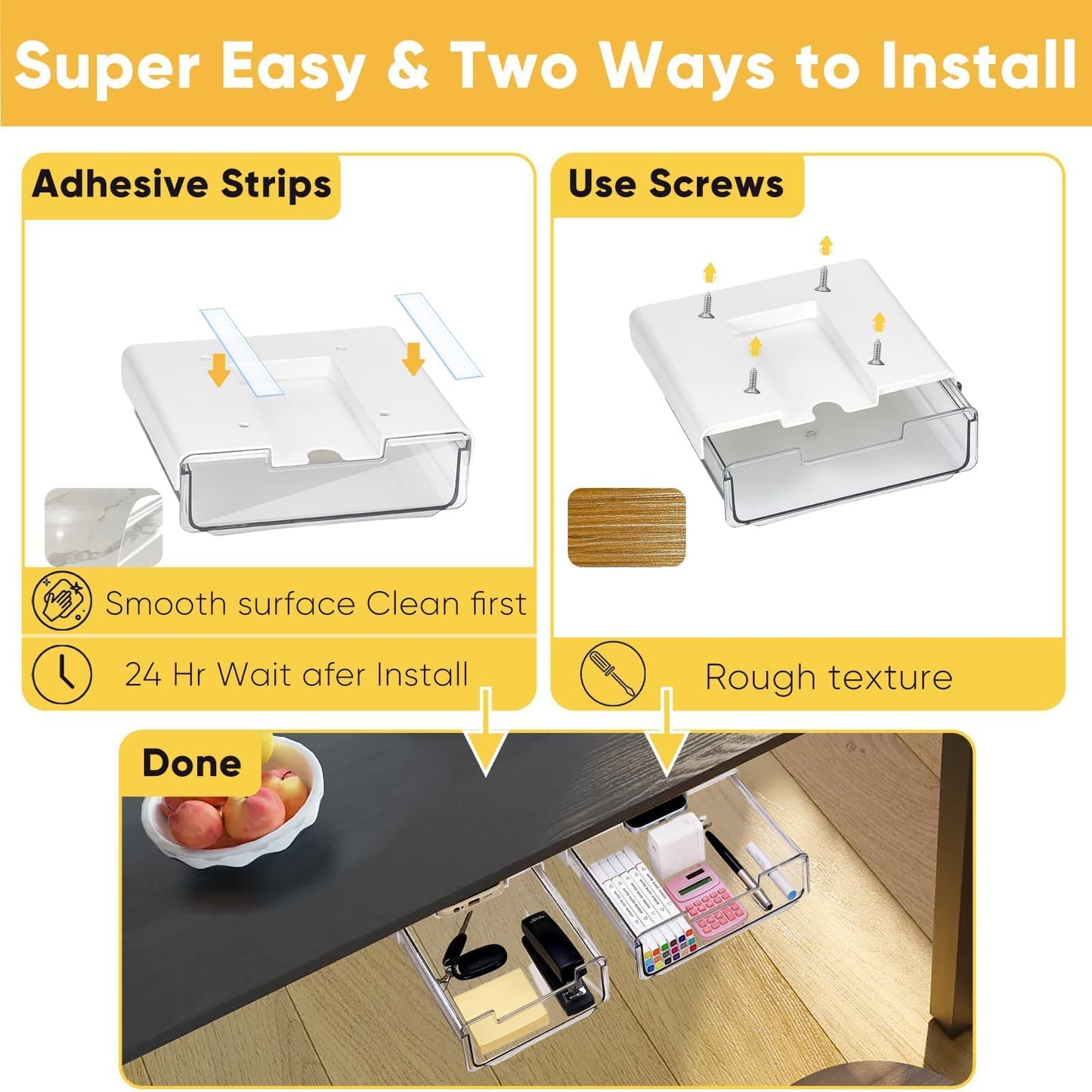 OrgaFocus 2 Pack Under Desk Hanging Drawer Slide Pull Out, Attachable Clear Acrylic Storage Tray, Easy Hidden Self Adhesive Mount Cabinet Shelf Holder for Tables, Home & Office, Counters, Workstation