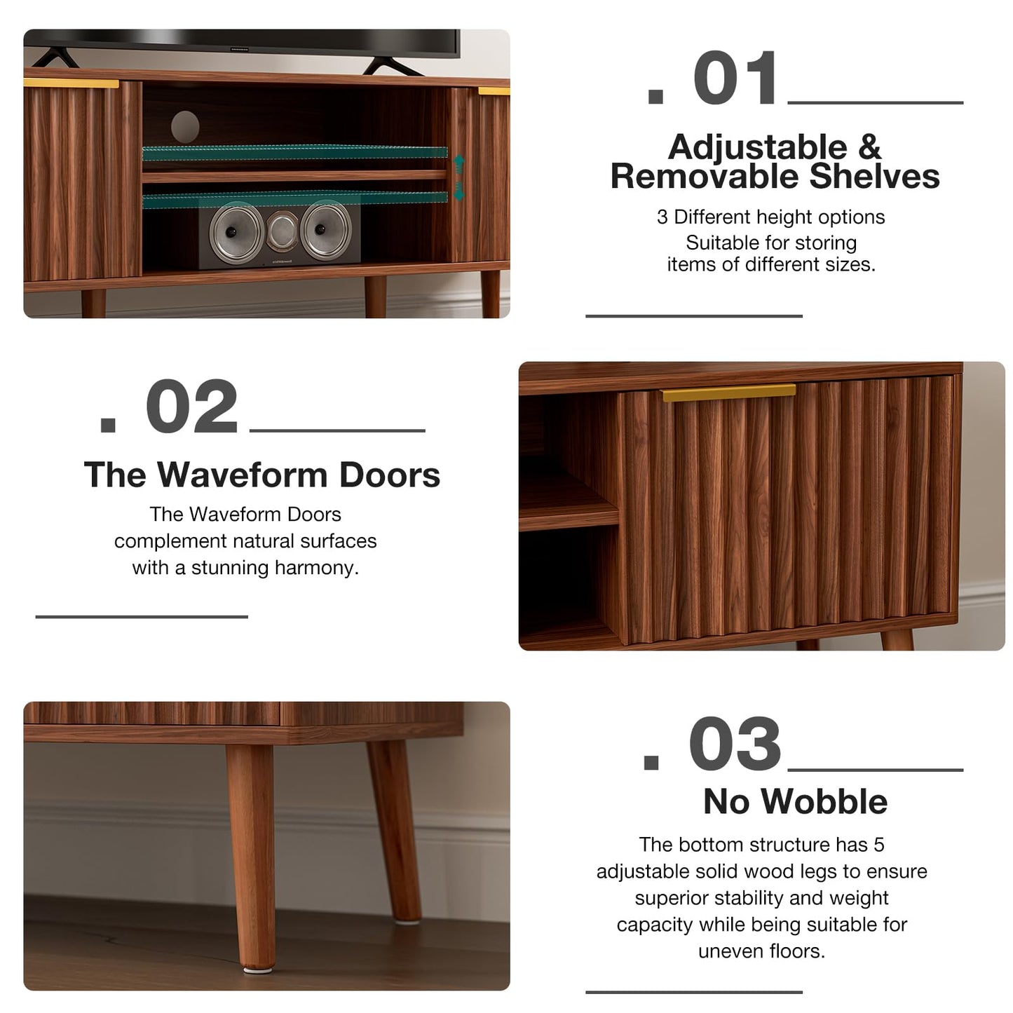 LCRBOL TV Stand for Living Room, Mid Century Modern Entertainment Center for 55/60 inch TVs, TV Console with Fluted Door Cabinets and Open Shelves, for Bedroom, Walnut