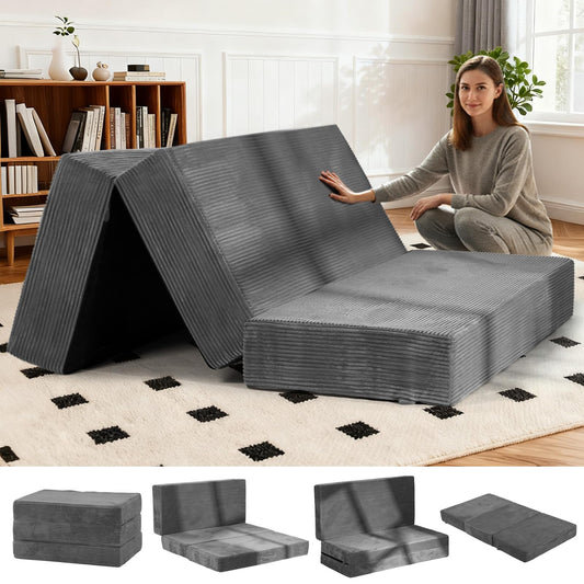 6-Inch Tri-Fold Foldable Mattress, Folding Sofa Bed with Removable Washable Cover, Portable Futon Mattress Full Size Floor Guest Mat with Non-Slip Bottom & Carry Handles for Camping (Grey, Queen)