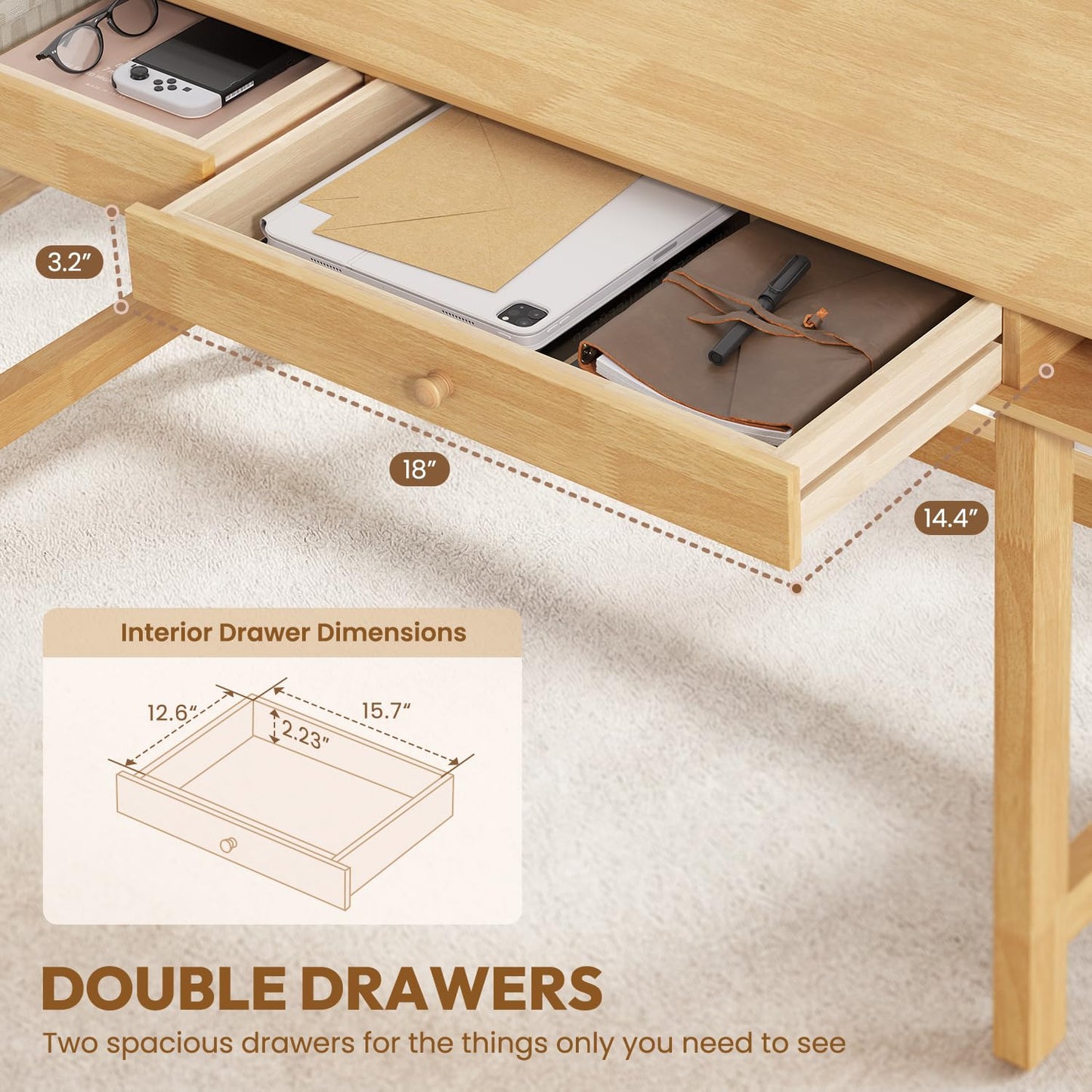 ELEVAQ Double-Top Solid Wood Desk - 48-Inch Mid-Century Modern Writing Table with Drawers for Home Office, Study, and Creation, Rubberwood Computer Desk in Honey Oak