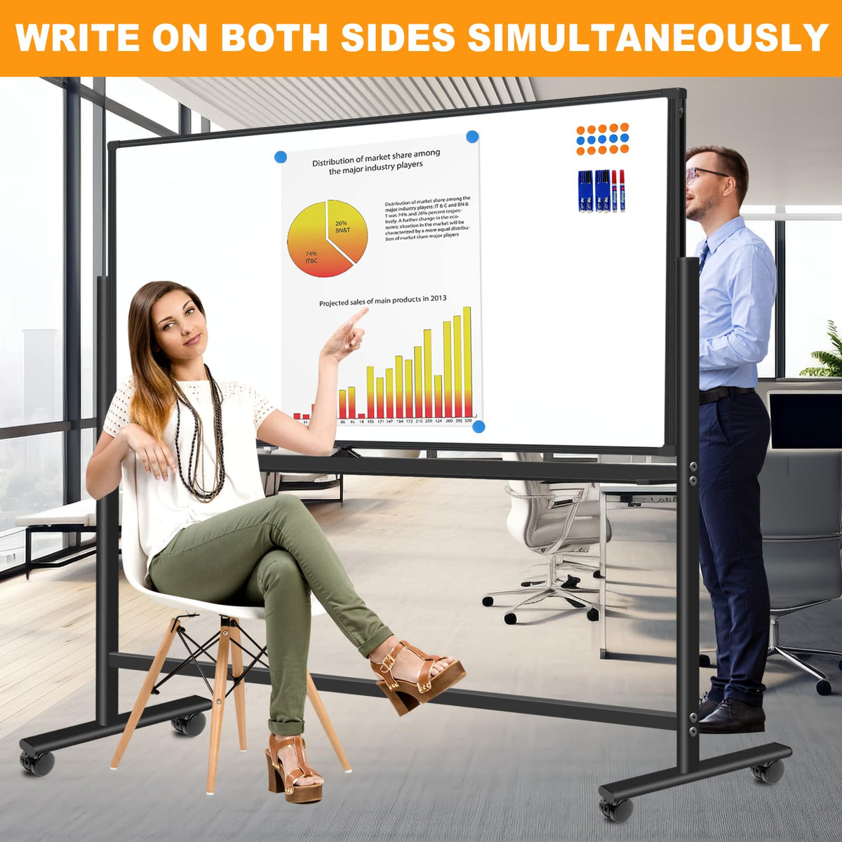 Rolling Whiteboard on Wheels 72"x48", Double-Sided Dry Erase Board with Stand, Big White Board with Stand Portable Magnetic Mobile White Board with 2 Eraser, 6 Markers, 20 Magnets