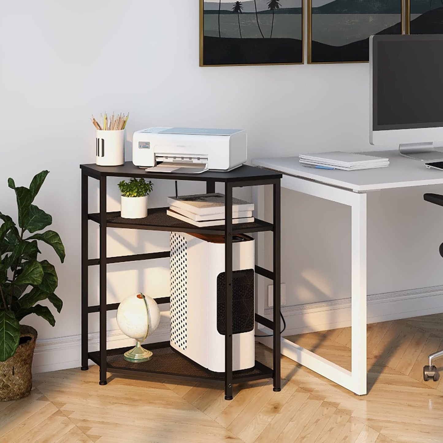 VEDECASA Corner Printer Stand Table with Power Outlet Charging Plugs USB Port Adjustable Storage Shelf Computer Tower CPU Stand Holder for Home Office (Black)