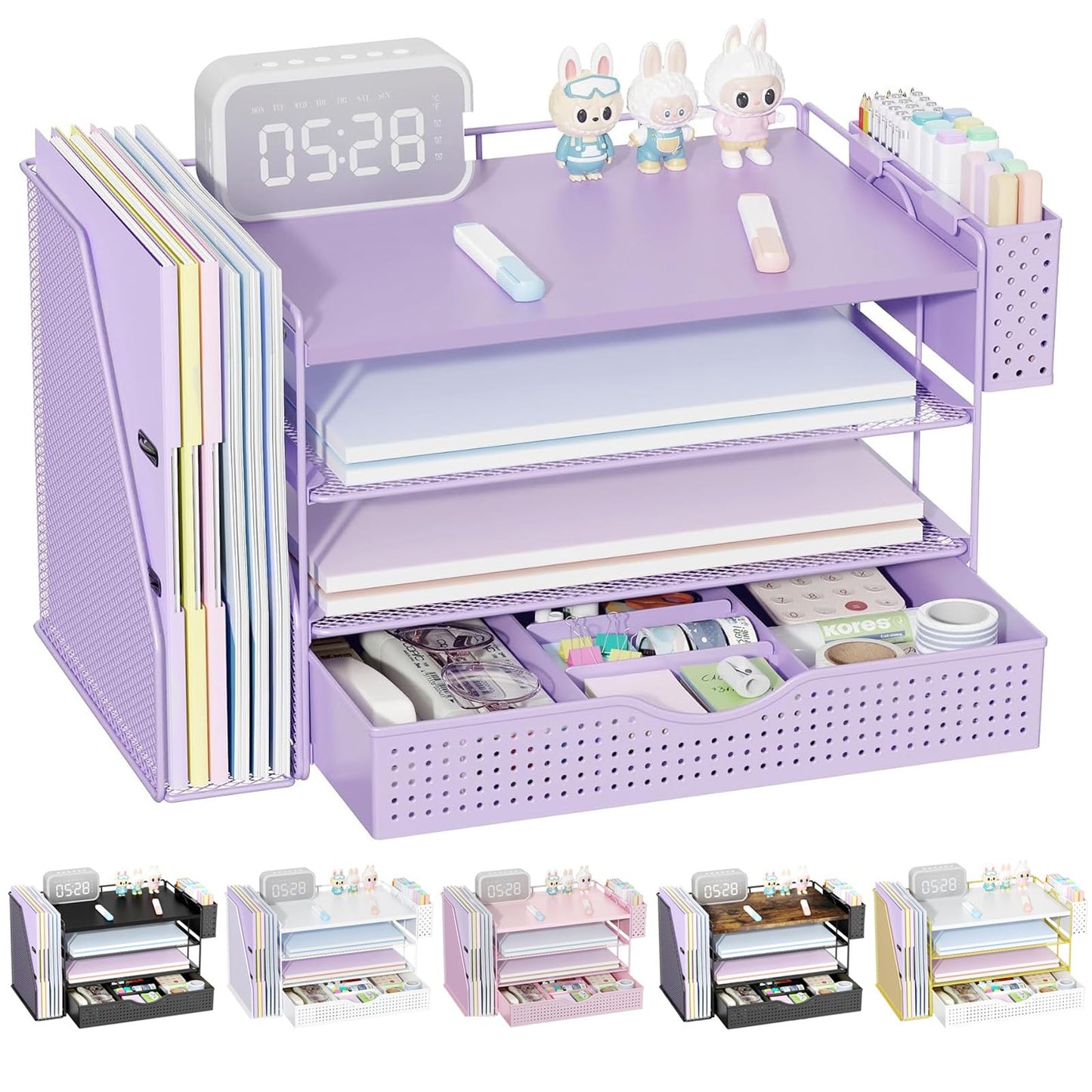 gianotter Wood Desk Organizers and Accessories with File Holder, 4-Tier Desk Accessories & Workspace Organizers with Drawer and Pen Holder, Desk Reference Organizer (Purple, 4T with Drawer)