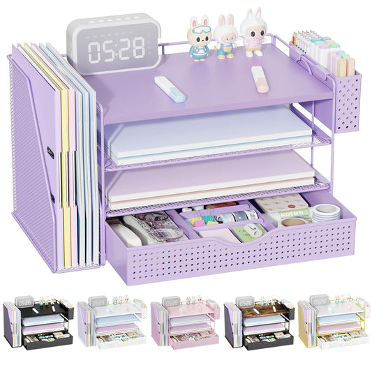 gianotter Wood Desk Organizers and Accessories with File Holder, 4-Tier Desk Accessories & Workspace Organizers with Drawer and Pen Holder, Desk Reference Organizer (Purple, 4T with Drawer)