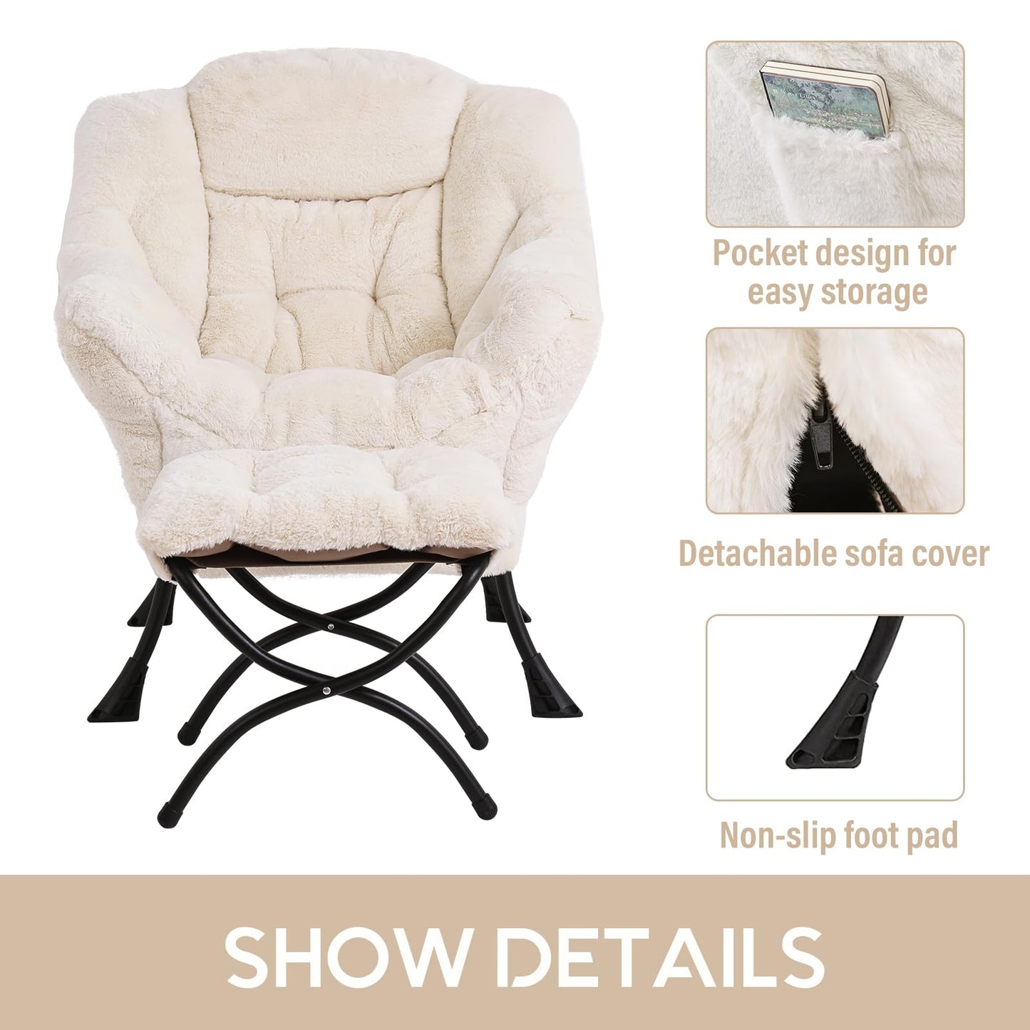 LITA Lazy Chair with Ottoman, Modern Accent Leisure Upholstered Sofa Chair, Lounge Reading Chair with Armrests and a Side Pocket for Living Room, Bedroom & Small Space, Plush Beige