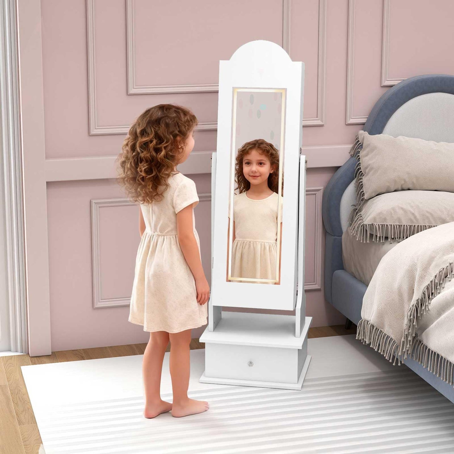 INFANS Kids Jewelry Armoire Cabinet with LED Lights, Lockable Standing Organizer with Full-length Mirror, Unicorn Theme Children Vanity Dress Up Storage Rack for Girls
