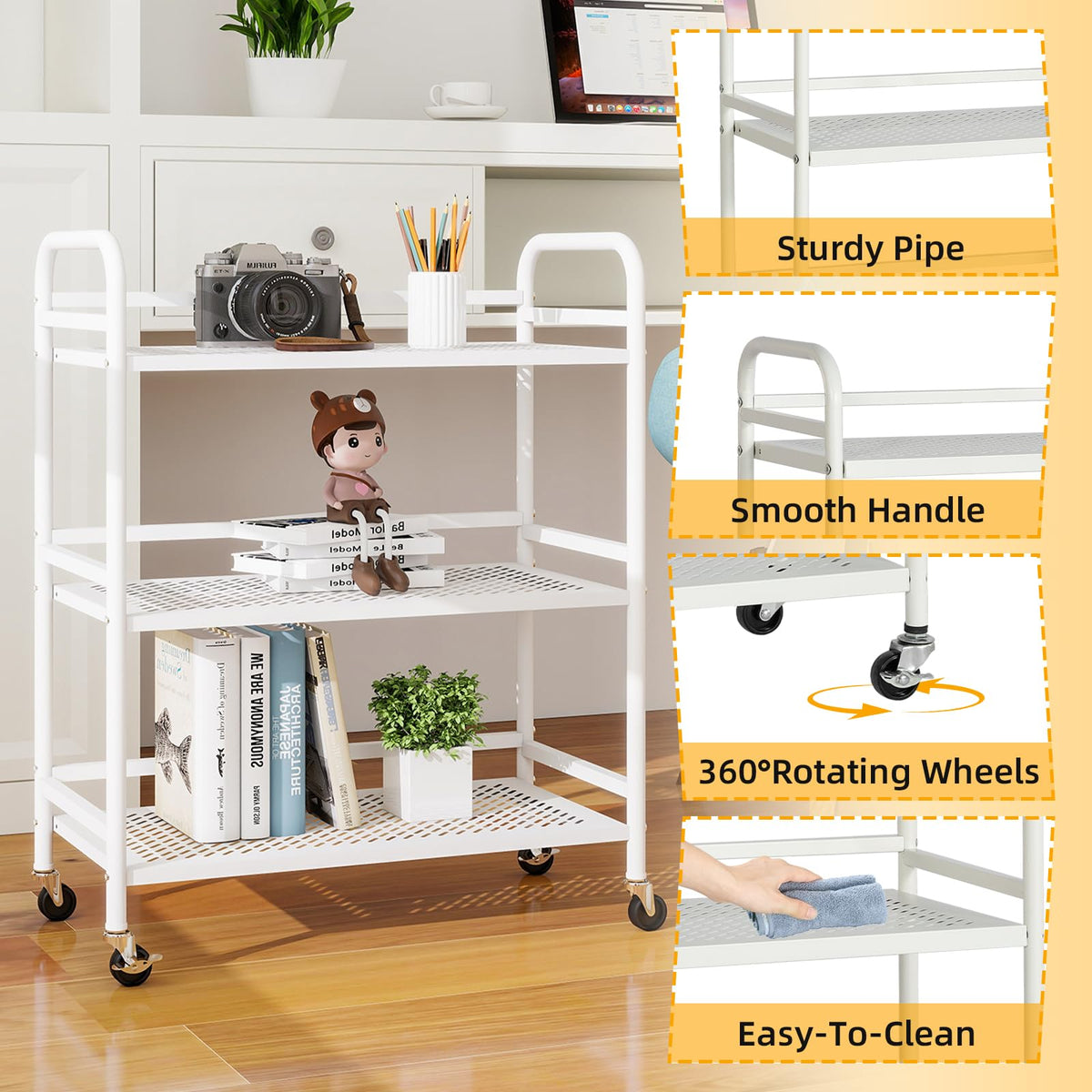 HDANI 3 Tier Metal Rolling Heavy Cart Supports 40 Lbs Per Tier,Mesh Rolling Cart with 2 Lockable Wheels for Office,Home,Bedroom,Kitchen,Bathroom(White)