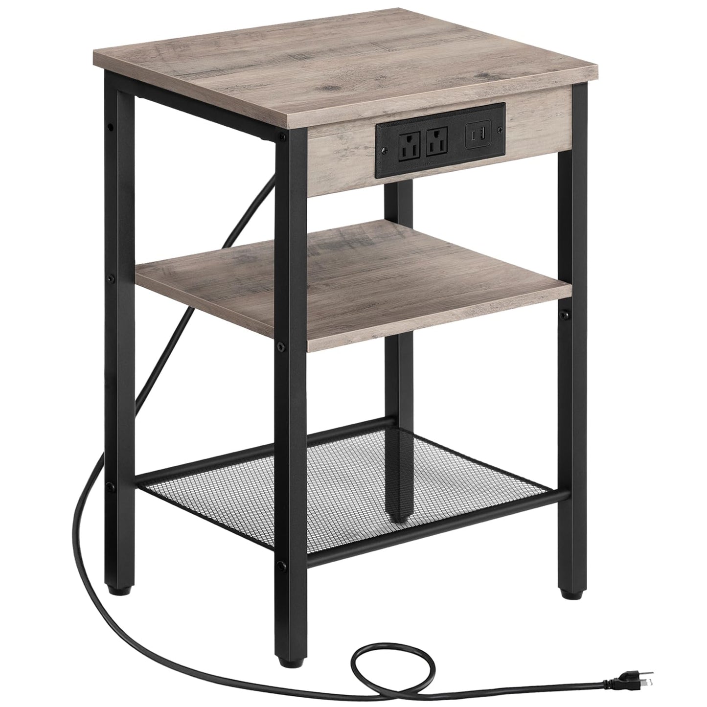 HOOBRO Side Table with Charging Station and USB Port, Small End Table for Small Space, 3-Tier Nightstand with Adjustable Shelf, for Living Room, Bedroom, Greige and Black BG112BZ01