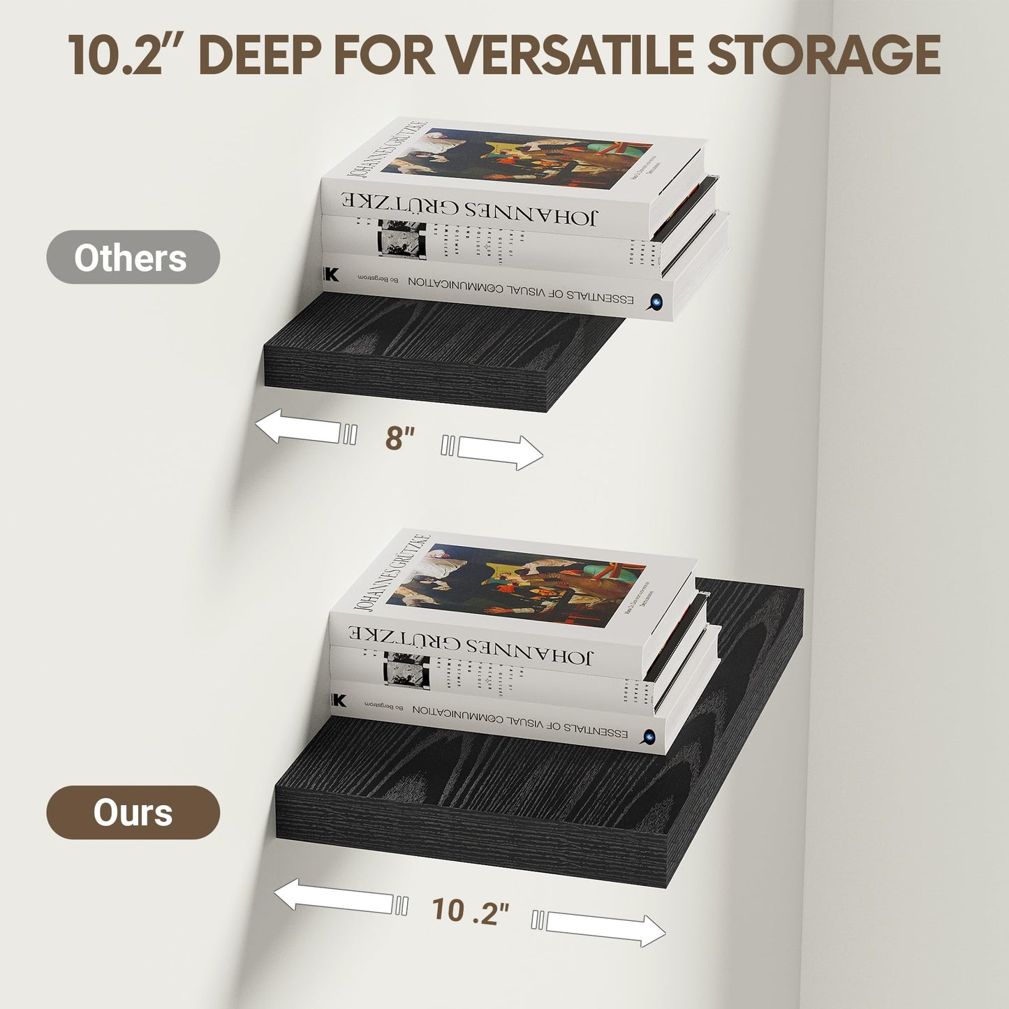 Vivelove 10.2 Inches Floating Shelves Wall Mounted, 10" Deep Wall Shelves for Bedroom, Bathroom, Living Room, Kitchen, Office, Home Decor, Modern Shelf, Set of 2, Black, 10.2x10.2x1.5