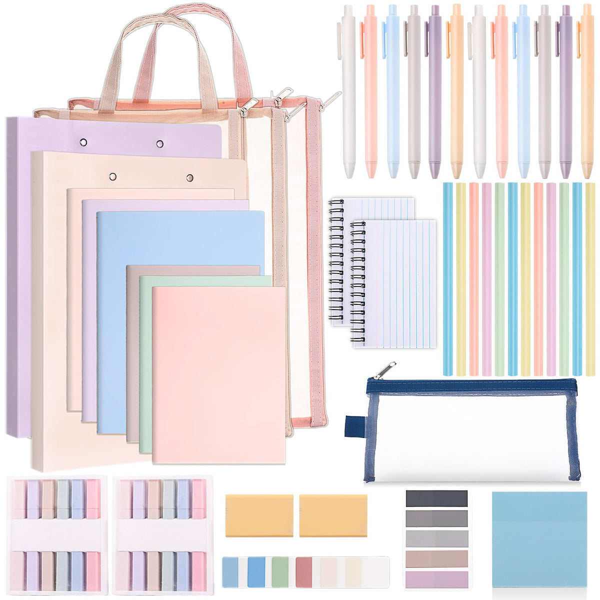 Colarr 54 Pcs Cute Notebook Stationery Set for Women, Bible Study Supplies, 6 Lined Notebooks, 36 Pens, Sticky Notes & Tabs, Bags & Folders for Work Journal Study College Office Supply(Macaron Color)