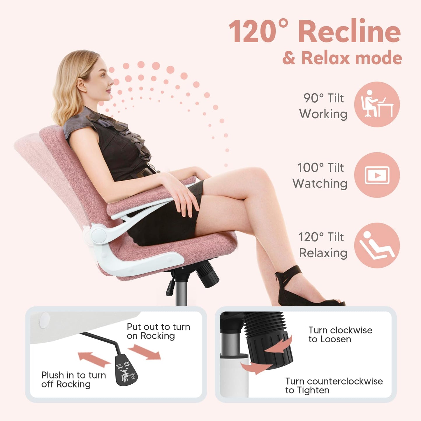 RunRunFlower Office Chair with Wheels, Ergonomic Computer Desk Chair with Flip-up Armrest, Adjustable Rolling Swivel Chair Teddy Fleece – Dusty Pink