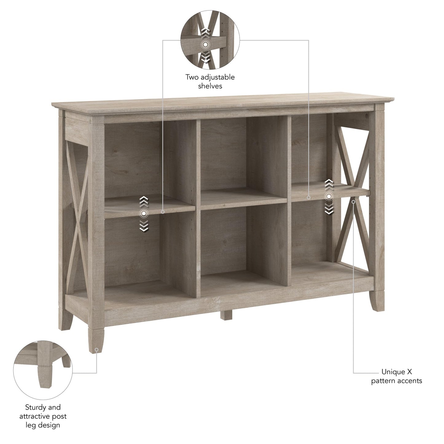 Bush Home 6 Cube Bookcase, Modern Farmhouse Organizer with Open Shelving and Cubbies, Storage for Living Room or Home Office, Key West Collection, Washed Gray