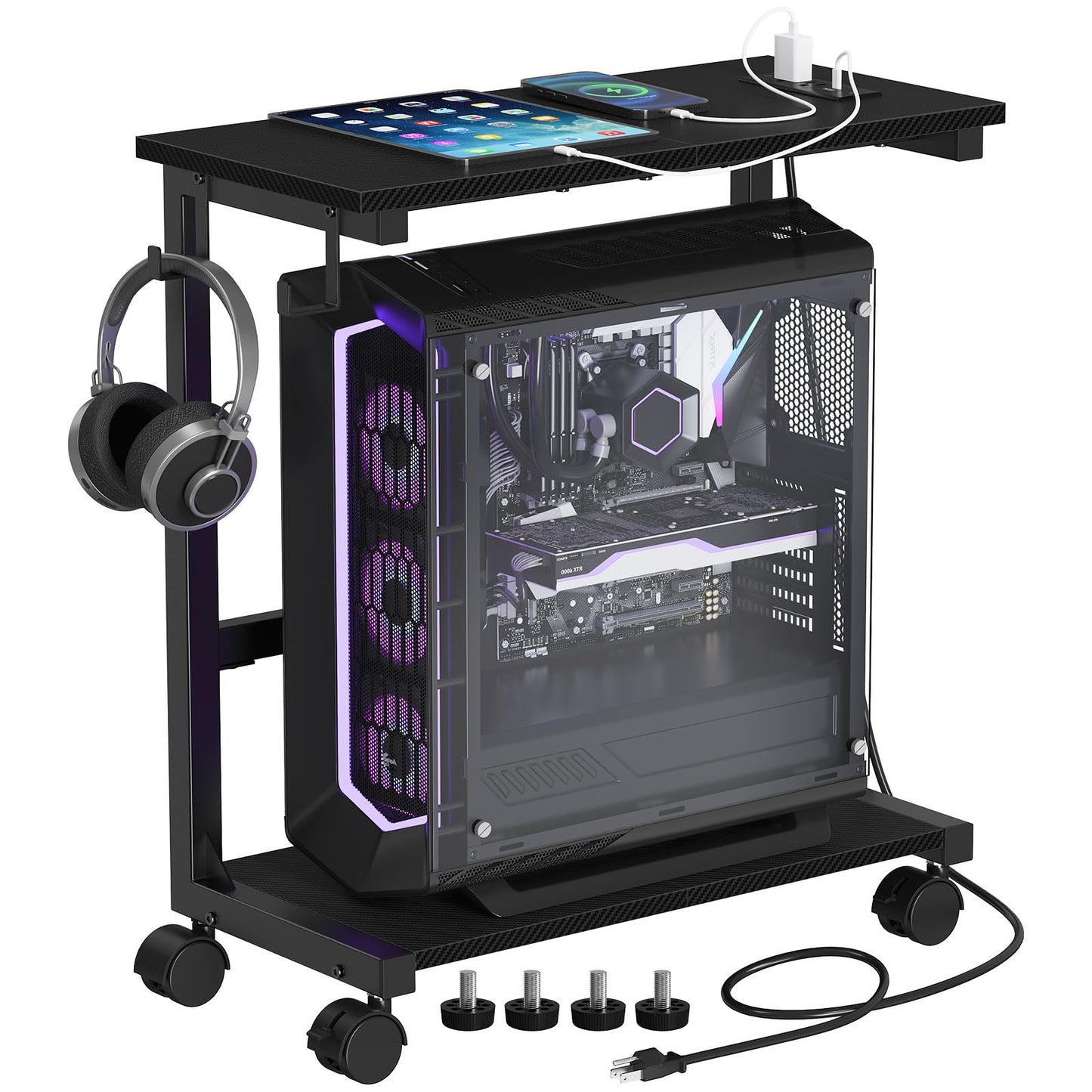 Snughome Computer Tower Stand with Charge Station, 25.0"-32.1" Height Ajustable PC Tower Stand for Floor, Mobile CPU Holder Cart for Carpet with Hooks, PC Cart for Gaming Office Home