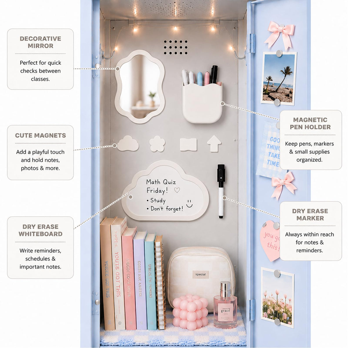 Svartur Magnetic Locker Accessories Set - Locker Mirror, Dry Erase Whiteboard, Magnetic Pen Holder & Cute Magnets, Aesthetic School Locker Decor for Girls, Locker Organizer Kit, White