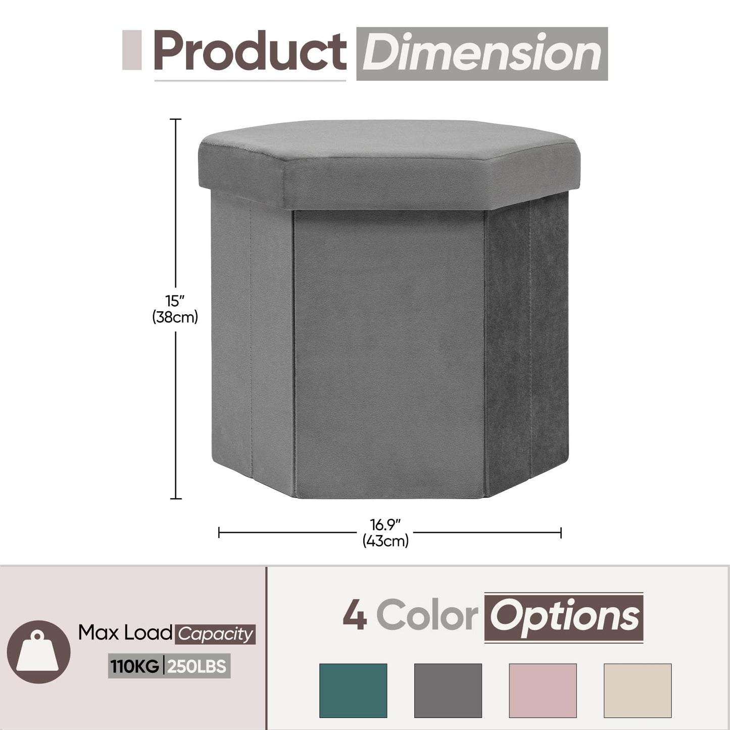 ZOLANOful Hexagon Storage Ottoman for Small Spaces, Velvet Accent Footstool with Hidden Storage, Foldable Ottoman Seat for Living Room, Bedroom, Dorm & Entryway, Charcoal, 15 x 16.9 x 15 Inch