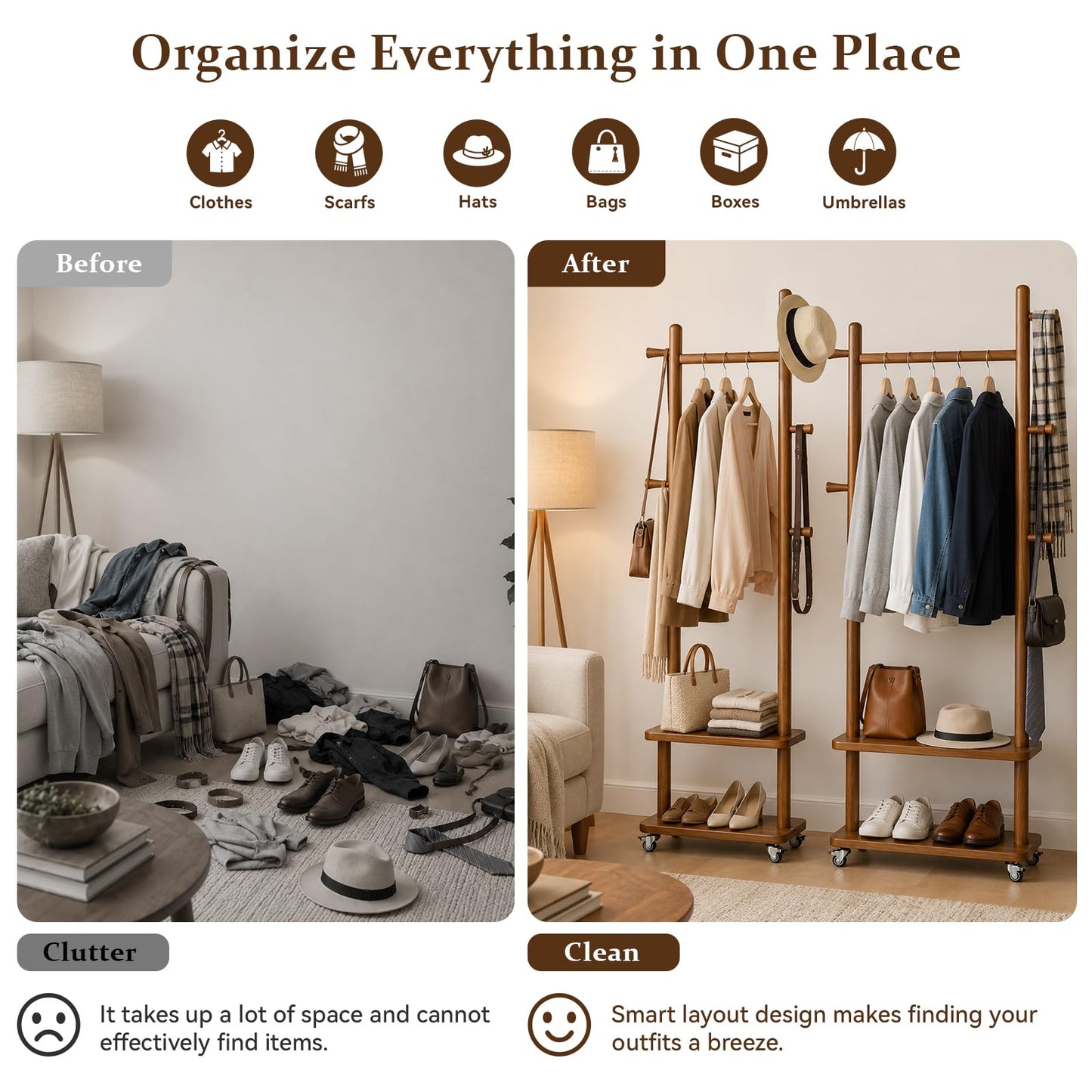 Solid Wood Coat Rack Freestanding Clothing Rack with Wheels & 2 Shelves Storage & 5 Hooks Heavy Duty Clothes Rack Wood Coat Tree Stand Hat Hanger Rack for Corner Bedroom Entryway Living Room Hotel