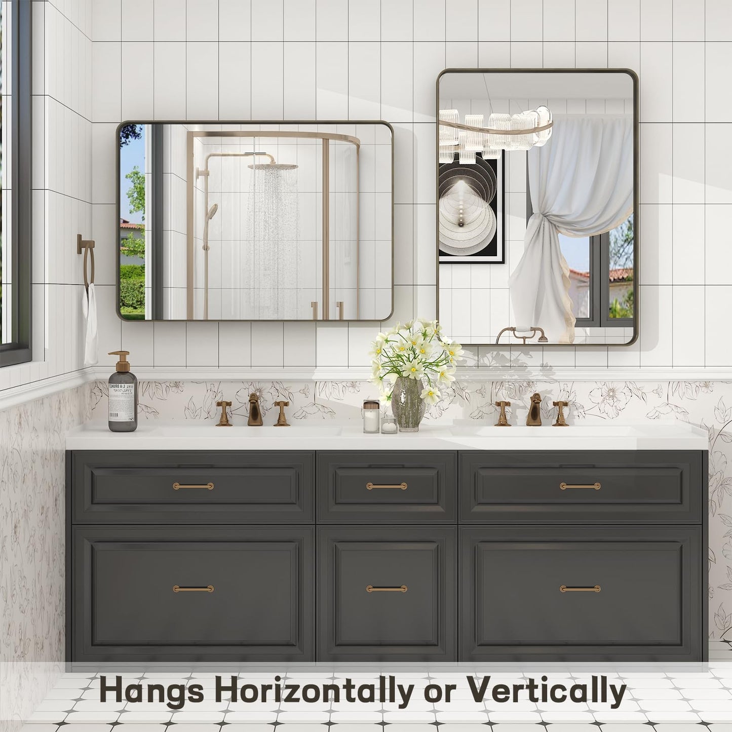 VANLIO 28x36 Inch Bronze Framed Bathroom Mirror, Brushed Bronze Metal Vanity Mirror, Rounded Bronze Rectangle Mirror, Tempered Glass, Anti-Rust, Shatterproof (Horizontal/Vertical)