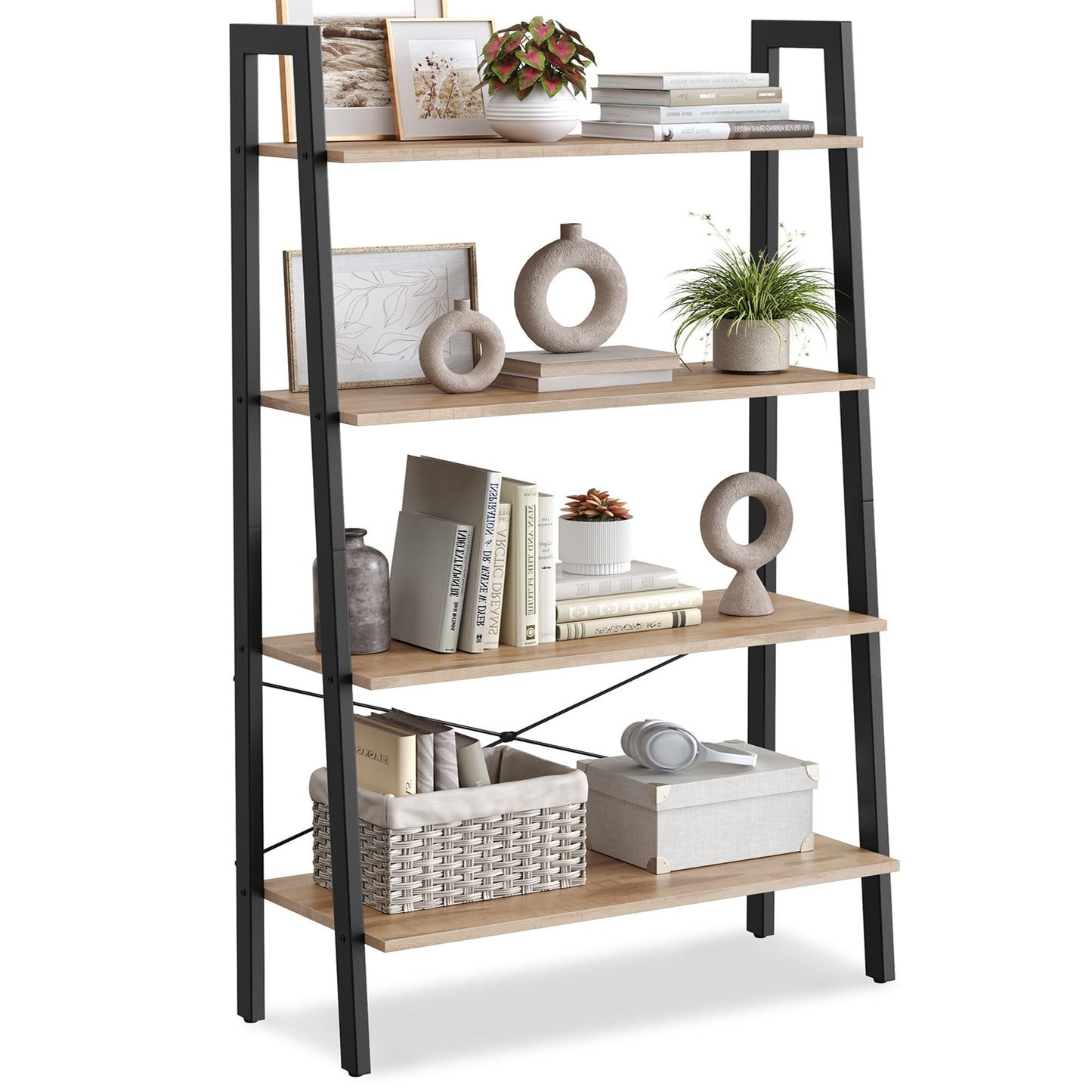 VASAGLE BARNET Collection - Ladder Shelf, Bookshelf, Storage Rack, Modern Bookcase for Living Room Home Office Kitchen, Steel Frame, 4-Tier, 31.5-Inch Wide, Camel Brown and Ink Black ULLS144B50