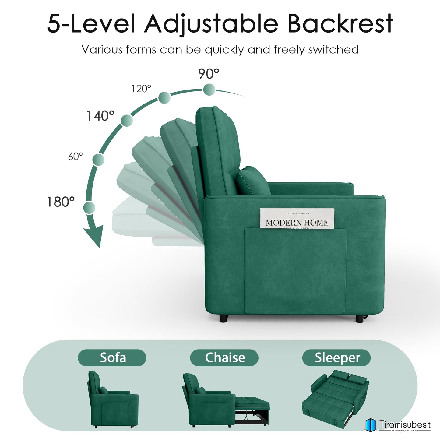 tiramisubest 54'' Sleeper Sofa Bed, Convertible Pull Out Couch Futon for for Living Room,Apartment (Green, Loveseat) Side Pockets, Velvet Fabric, Adjustable Backrest, Pull-Out Bed, Easy Assembly