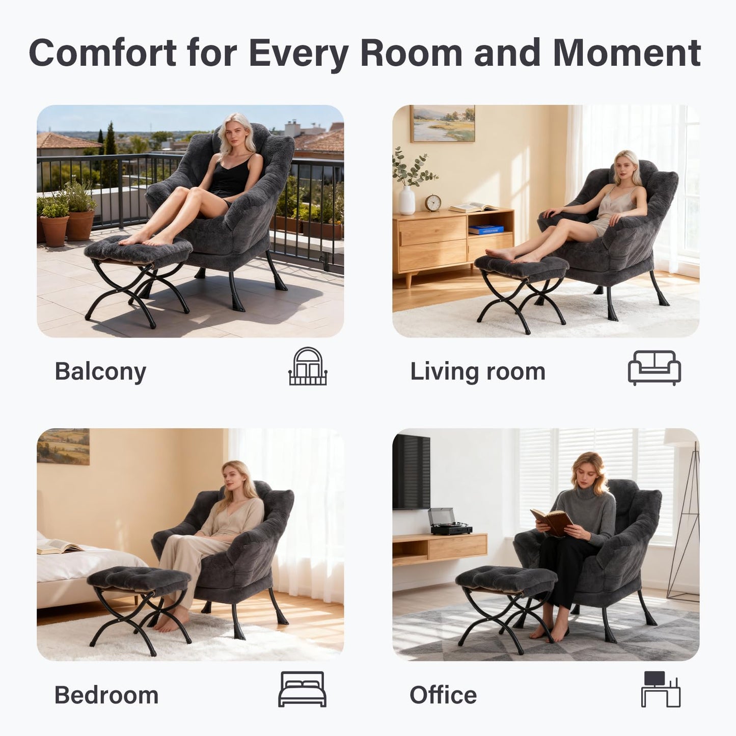 SESHINELL Lazy Chair with Ottoman, Modern Accent Chair Lounge Leisure Sofa Chair with Armrests, Reading Chair and Folding Footstool for Living Room, Bedroom, Office, Plush Navy