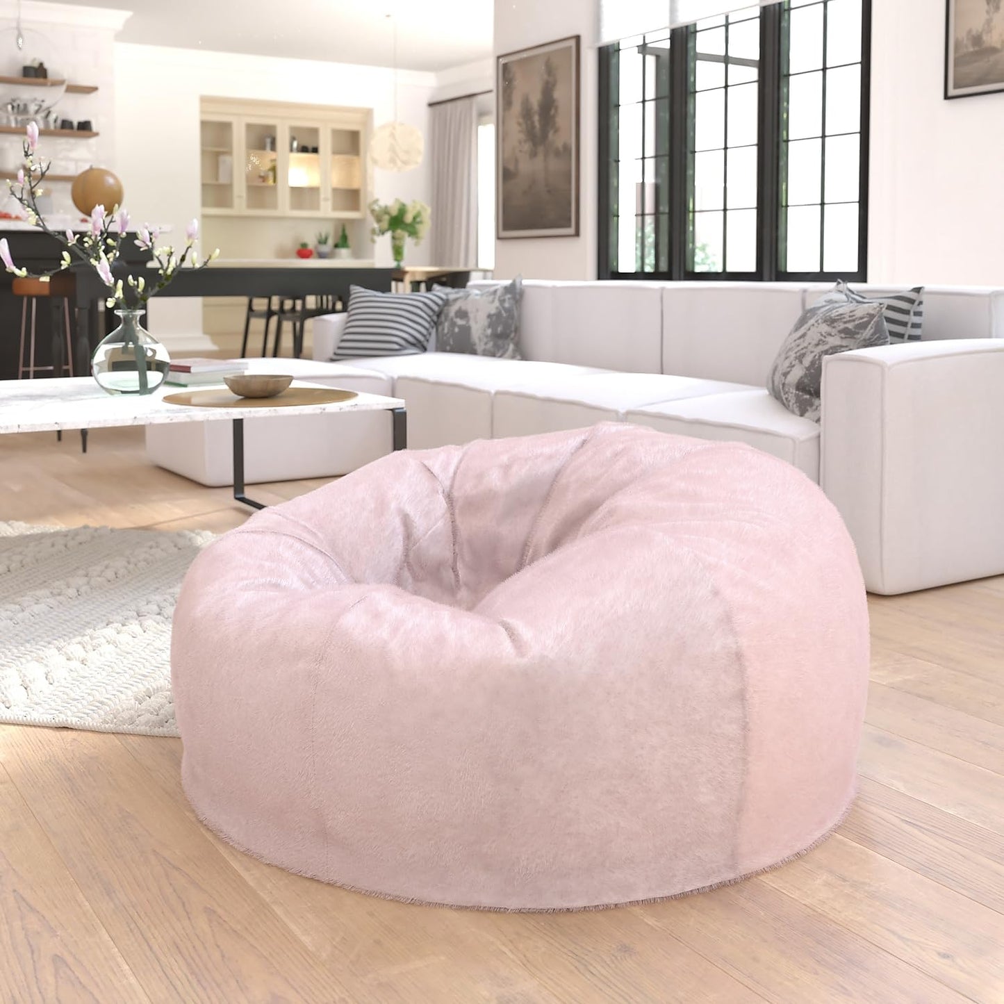 Flash Furniture Duncan Oversized Blush Furry Bean Bag Chair for Kids and Adults