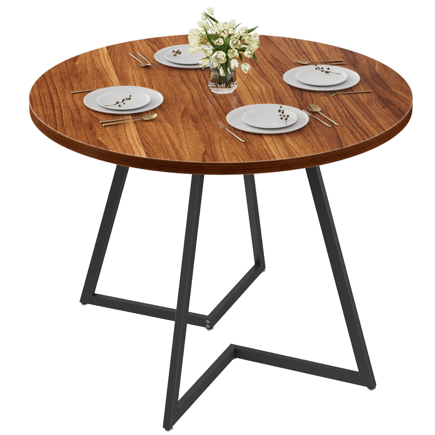 VECELO 35" Round Dining Table for 4, Wood-Grain Tabletop & Heavy-Duty Steel Frame, for Kitchen, Living Room, Easy Assembly, Walnut