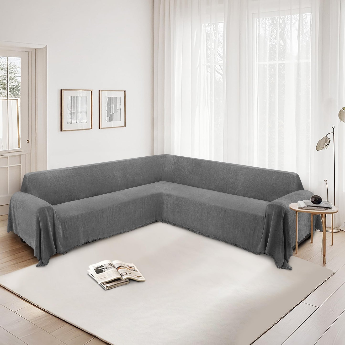 HDCAXKJ Corner Sectional Couch Covers for Dogs L Shape Sofa Cover with Tassel Chenille Super Soft Non Slip U Shaped Couch Cover Blanket Washable Sofa Slipcovers Protector (Light Gray, 91x276 inch)
