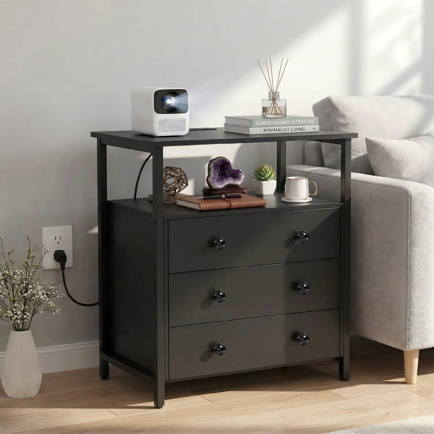 Edbuosy 3 Wooden Drawers Night Stand, 27 Inch Wide Nightstand with Charging Station and Adjustable Drawers, Small Dresser for Closet, Bedside Table for Living Room/Bedroom/Office, Black.