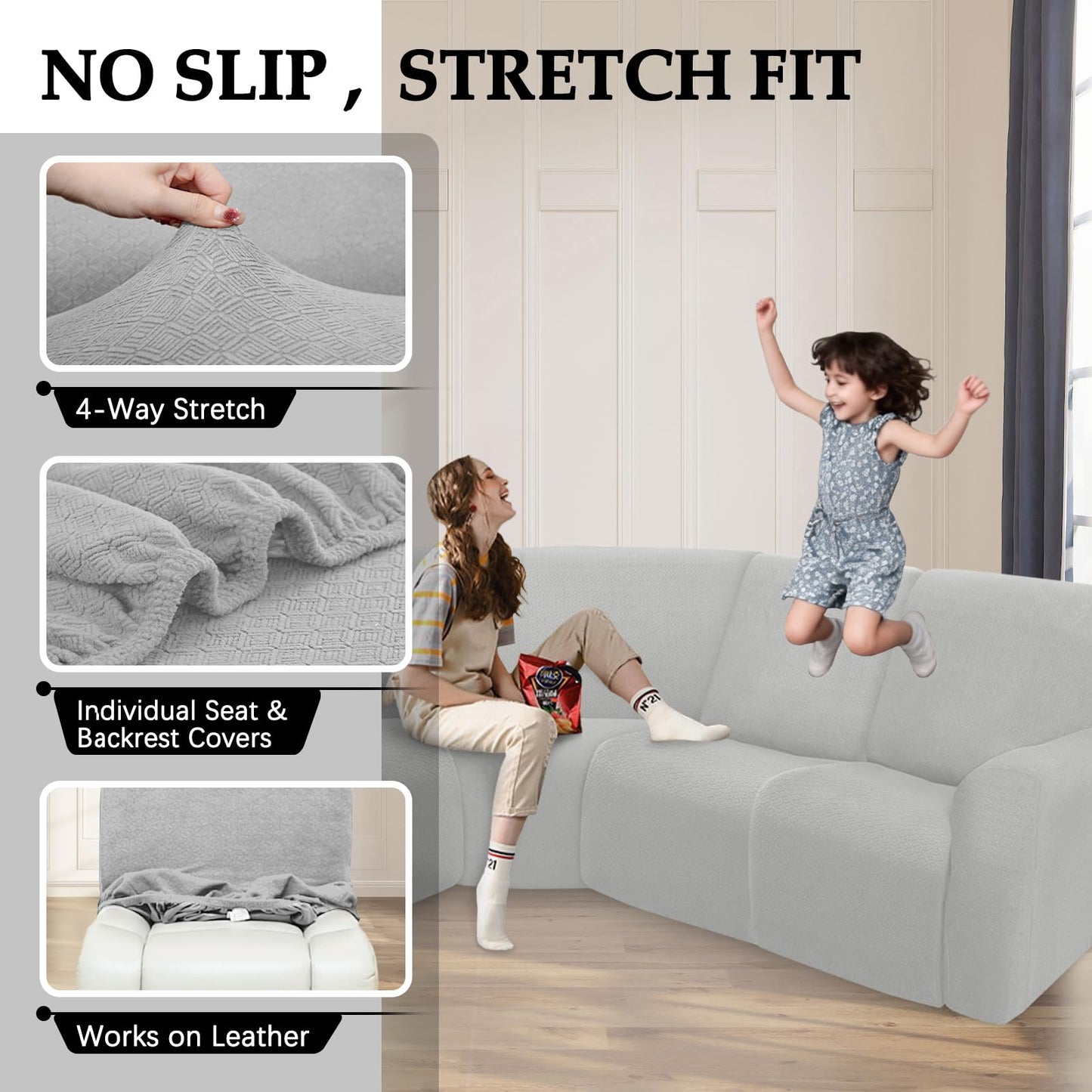 ROFASVCO Reclining Sectional Couch Covers Waterproof L Shape Washable Recliner Sofa Cover for L Shaped Sectional Super Stretch Soft Corner Recliner Slipcovers (5 Seater Cover, Ash Gray)