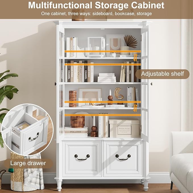 QUW 63" Tall Bookshelf with Glass Doors and Solid Wood Legs, Modern Book Shelf