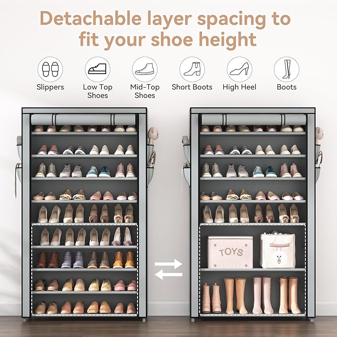 LANTEFUL Shoe Rack with Covers 10 Tier Tall Shoe Rack Organizer Large Capacity