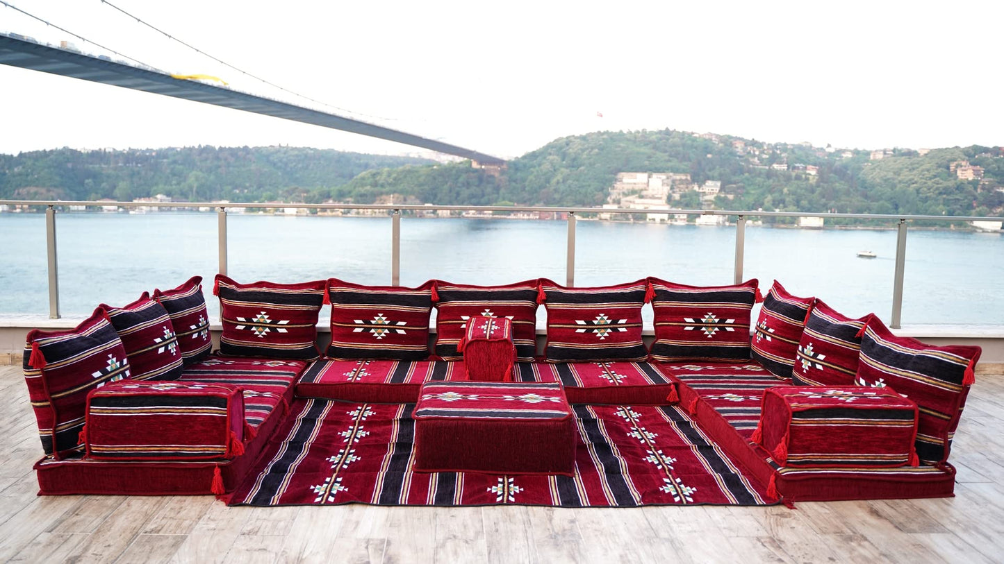 arabicsofa Maroon U Shaped Arabic Majlis – Traditional Middle Eastern Floor Seating
