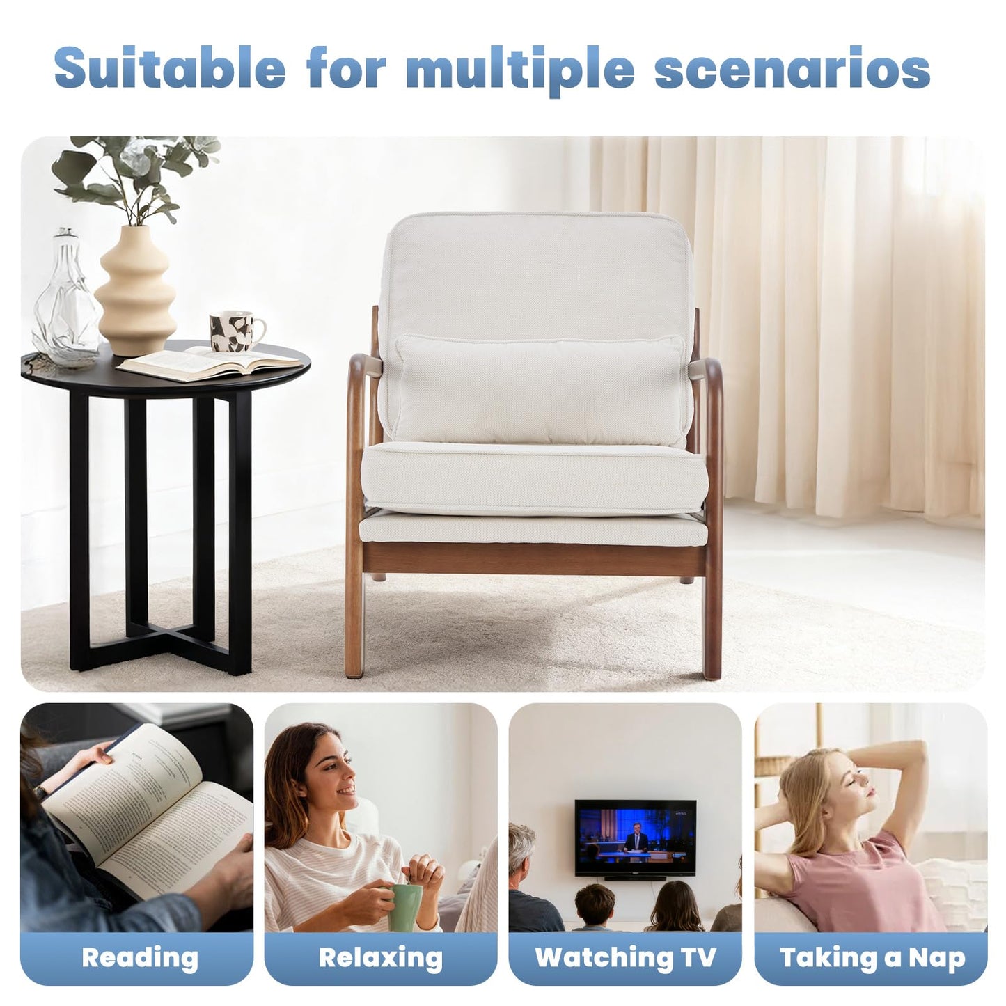 DUMOS Accent Chairs Set of 2,Mid Century Modern Chair with Arms and Waist Cushion, Reading Chairs for Adults, Lounge Chair for Living Room and Bedroom, Solid Wooden Frame, Cream