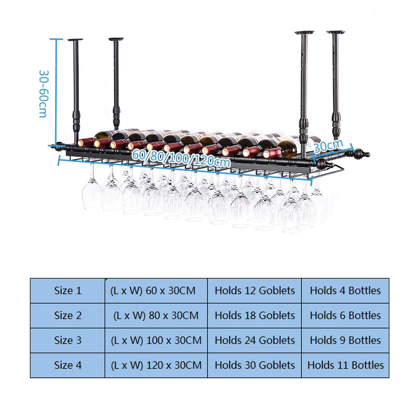 WJDREPKHY Wine Rack Wall Mounted - Bar Floating Wine Racks Adjustable Height Ceiling Mounted Wine Shelf Bottle Holder with Glasses Cups Rack for Restaurant Cafe(Black)