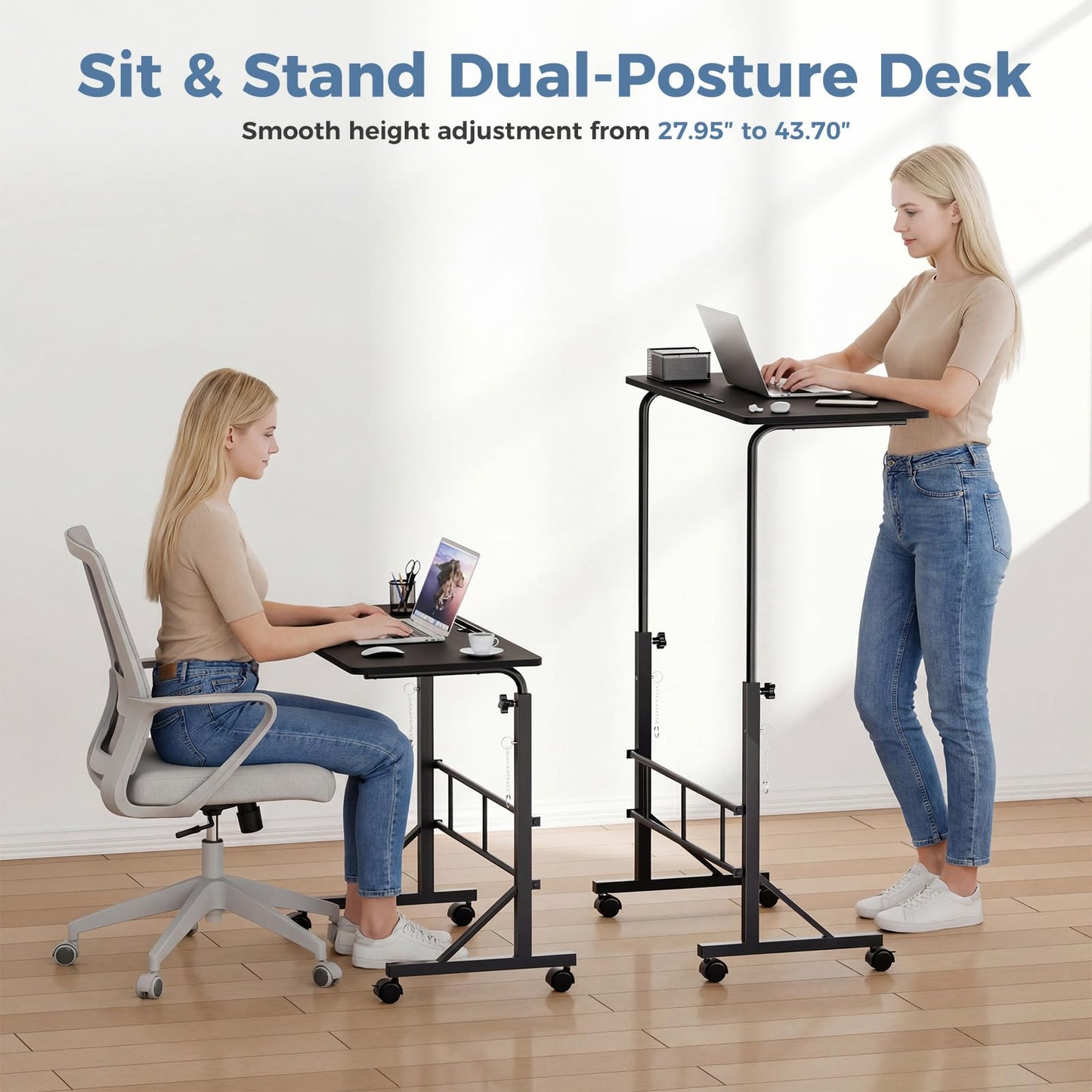DUMOS 31.5" Adjustable Height Mobile Desk with Locking Wheels & Pin-Lock, Portable Workstation for Walking Pad & Active Home Office, Small Bedroom Desk, Black