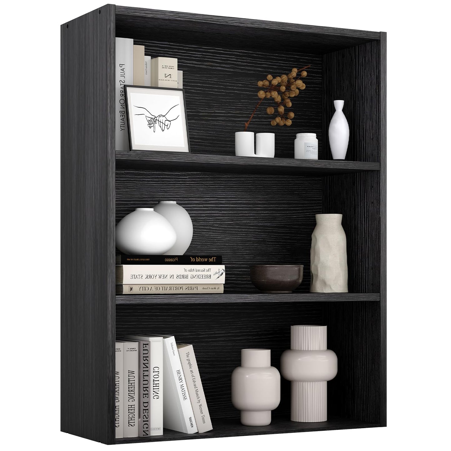 Sweetcrispy Industrial 3 Shelf Bookcase - Large 31.5 Inch Tall Floor Standing Open Bookshelf for Home Office, Living Room, and Bedroom Storage, Classic Black