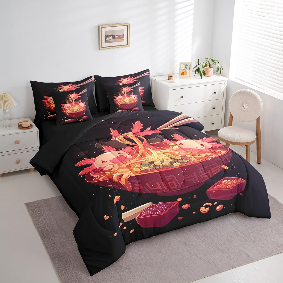 Erosebridal 7Pc Ramen Noodle Queen Bedding Set,Funny Axolotl Comforter Set Ramen Gifts for Kids Adults,Japanese Anime Style Bed Set Food Themed Bed in a Bag with Fitted Sheet,Flat Sheet,Pillowcases