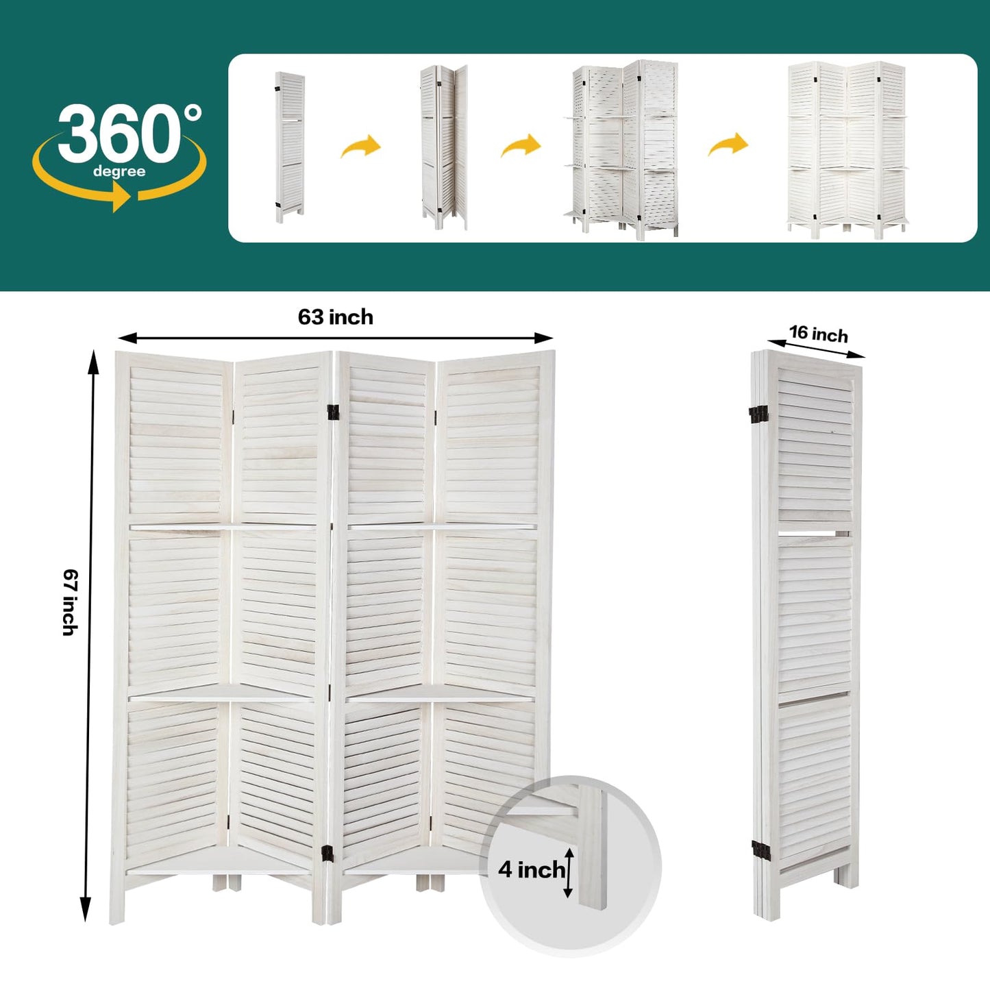 ECOMEX Room Divider with Shelves, 4 Panel White Room Divider, Room Dividers and Folding Privacy Screens, Portable Wooden Room Dividers and Partitions for Bedroom, Home Office, Studio (Warm White)