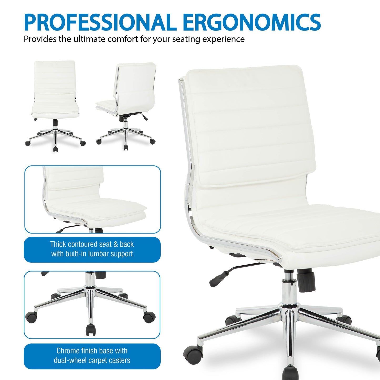 Office Star SPX Professional Ergonomic Ribbed Faux Leather Office Chair with Chrome Base, Mid Back Manager's Chair Without Arms, White