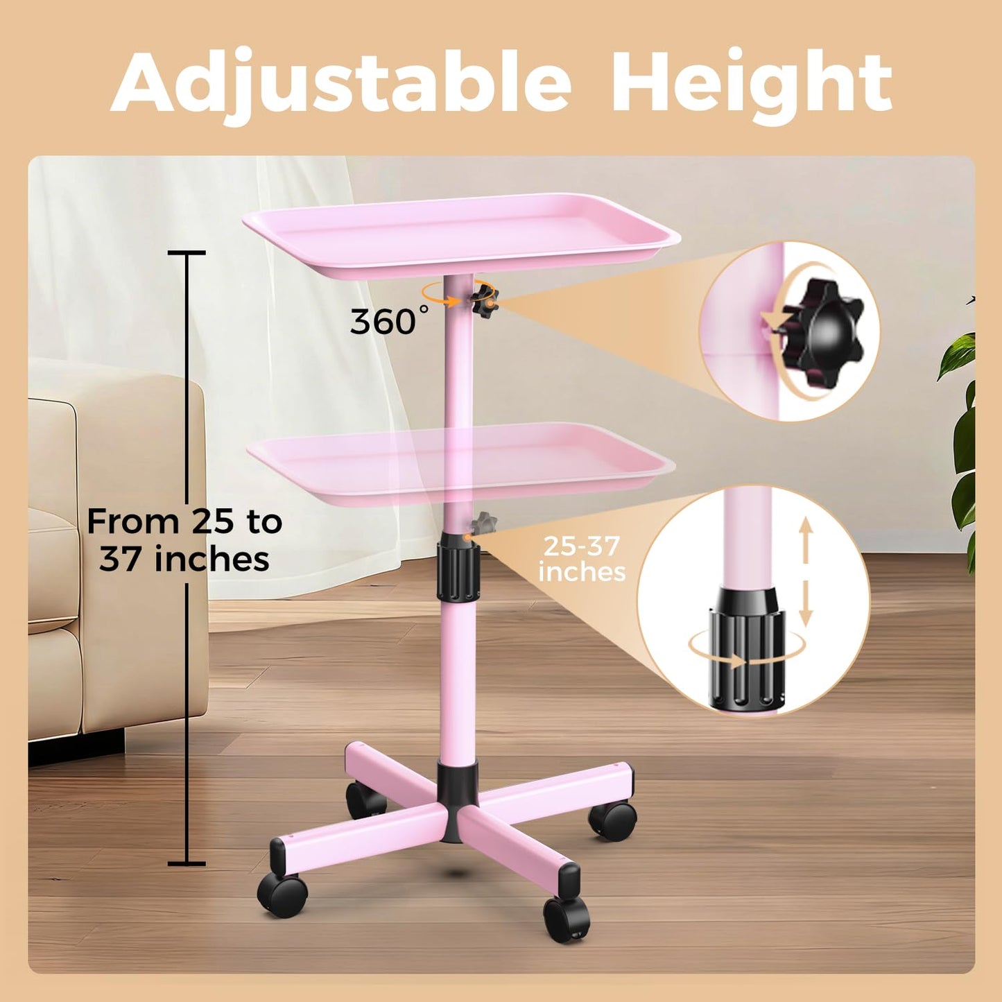 VERYTOP Back-Saving Salon Tray on Wheels, Adjustable Height (25-36inch) Rolling Cart for Hair Stylists, Tattoo Artists, Lash Techs—Spa Clinic Home Salon Trolley (36inch-Pink, 12.3×16inch)